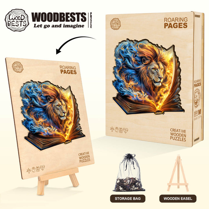 Roaring Pages wooden jigsaw puzzle featuring a lion emerging from an open book, designed for focus and mental challenges.
