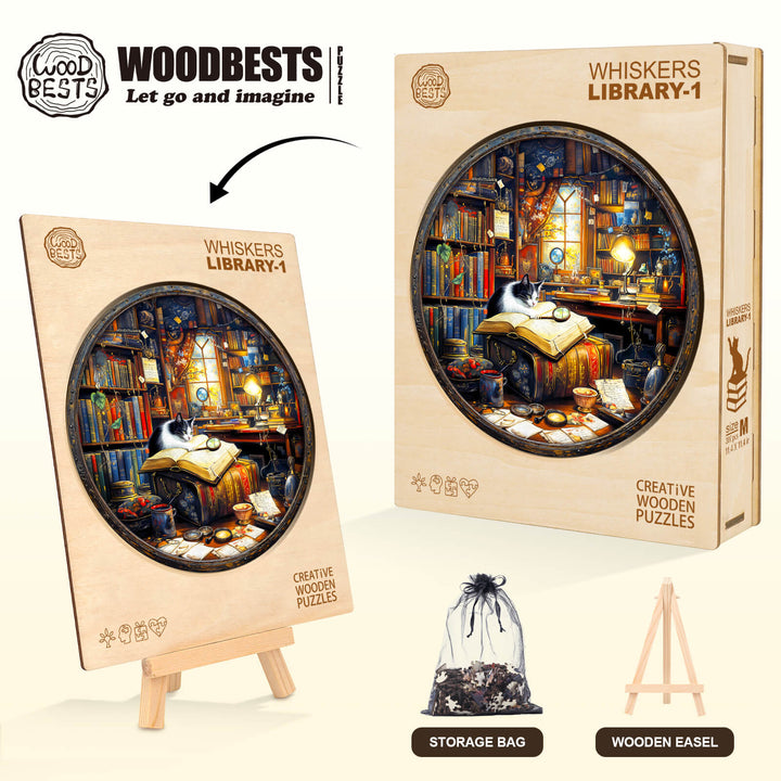 Whiskers Library-1 wooden jigsaw puzzle featuring a cozy library with a cat, includes easel and storage bag.