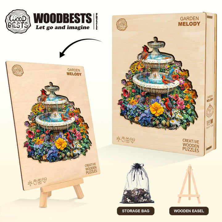 Garden Melody Wooden Jigsaw Puzzle box featuring a colorful fountain design, with easel and storage bag.