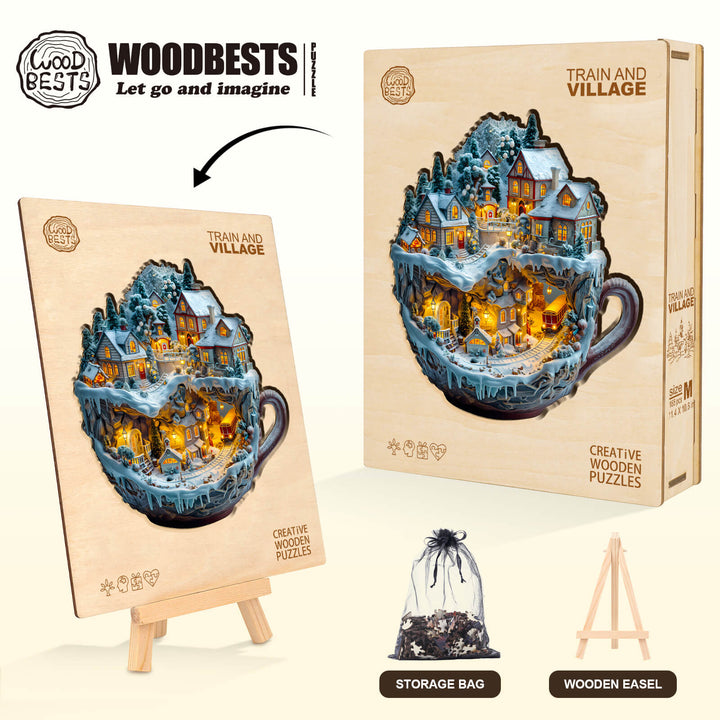 Train and Village wooden jigsaw puzzle showcasing a vibrant winter scene, perfect for enhancing focus and problem-solving skills.