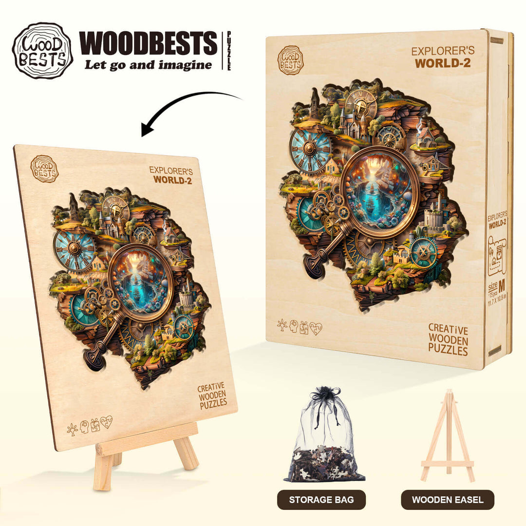 Explorer's World-2 wooden jigsaw puzzle with storage bag and easel, designed for mind games and enhancing focus.