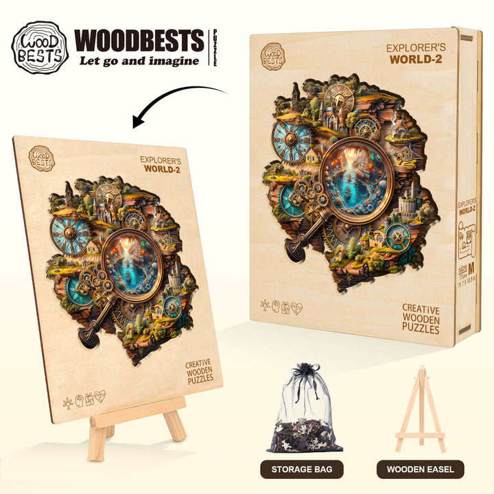 Explorer's World-2 wooden jigsaw puzzle with storage bag and easel, designed for mind games and enhancing focus.