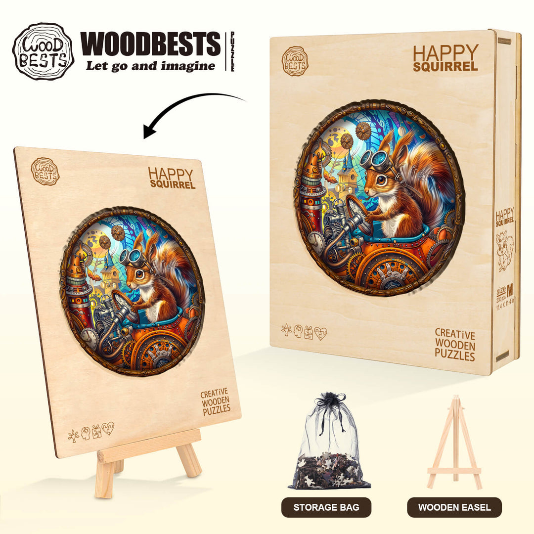 Happy squirrel wooden jigsaw puzzle by Woodbests, featuring vibrant artwork and storage bag, promoting focus and mind games.