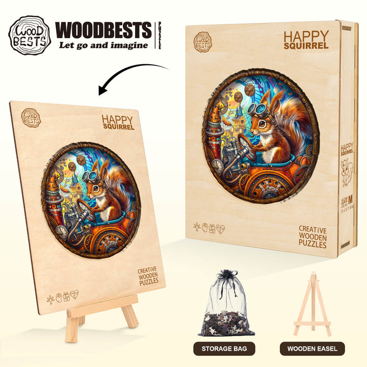Happy squirrel wooden jigsaw puzzle by Woodbests, featuring vibrant artwork and storage bag, promoting focus and mind games.
