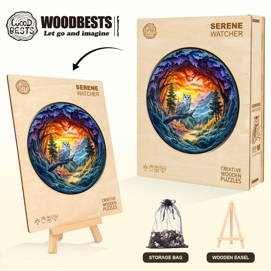 Serene Watcher wooden jigsaw puzzle displayed with easel, featuring vibrant owl and nature design, ideal for mind games.