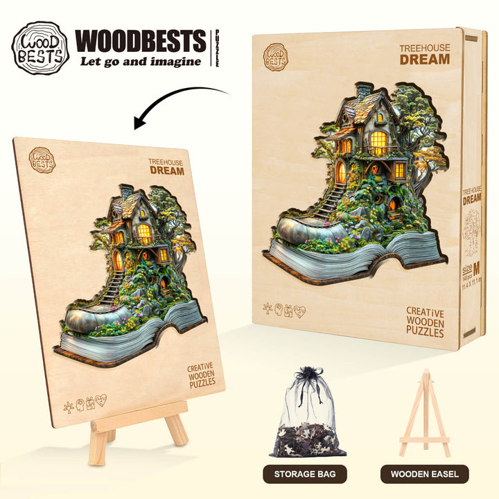 Treehouse Dream wooden jigsaw puzzle packaging with easel, showcasing a whimsical treehouse design.