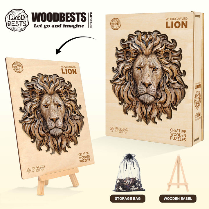 Puzzle en bois découpé représentant un lion sculpté