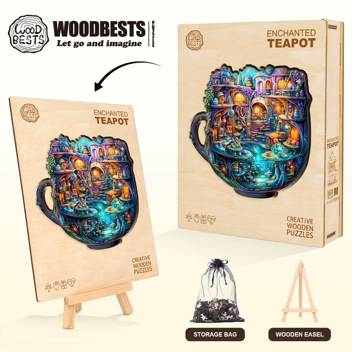 Enchanted Teapot wooden jigsaw puzzle on display, featuring vibrant colors and intricate details for mindful entertainment.