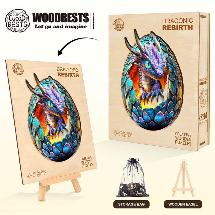 Draconic Rebirth wooden jigsaw puzzle featuring a colorful dragon egg, designed for focused mind games and exploration.