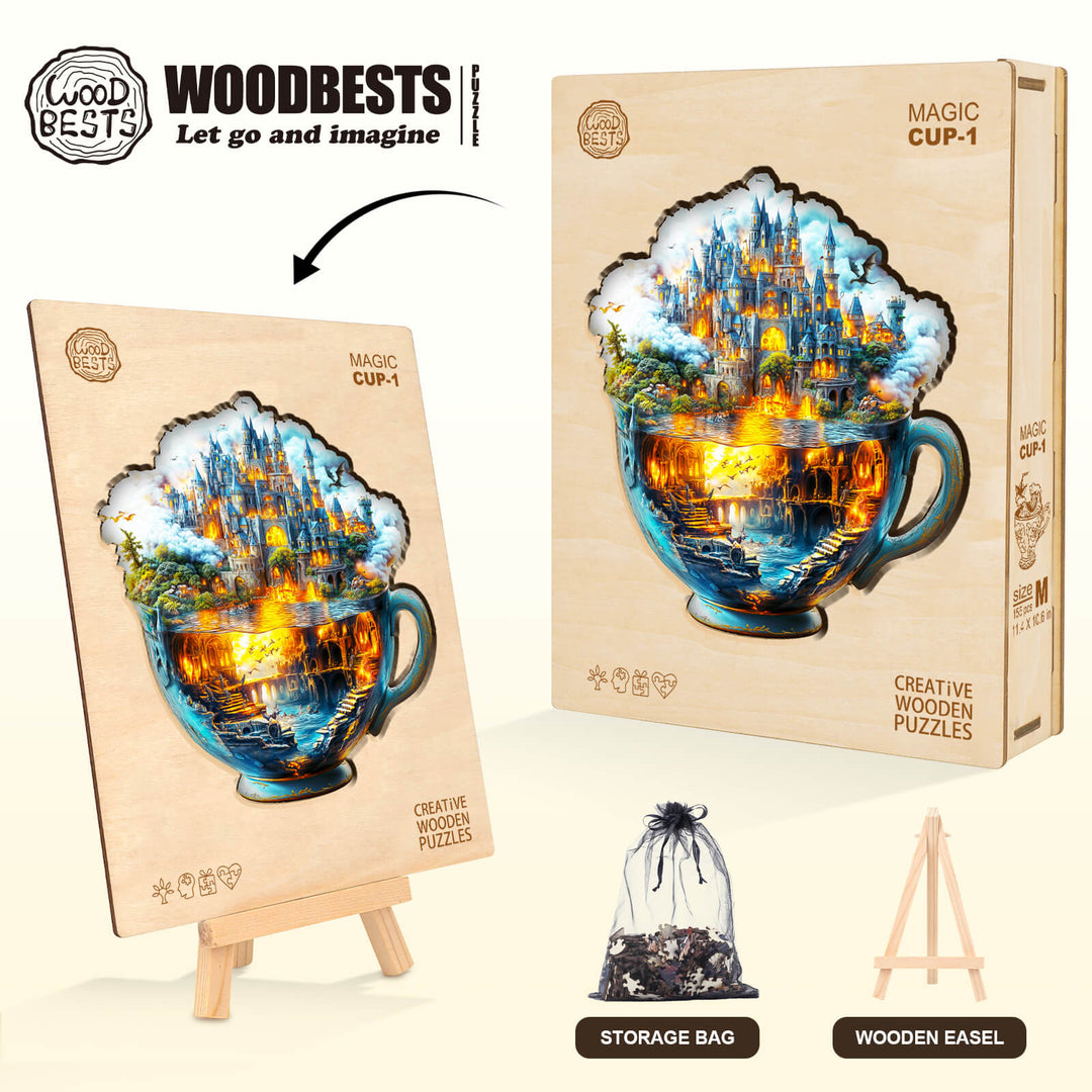 Magic cup-1 wooden jigsaw puzzle by Woodbest, featuring a creative design and storage bag for puzzle enthusiasts.