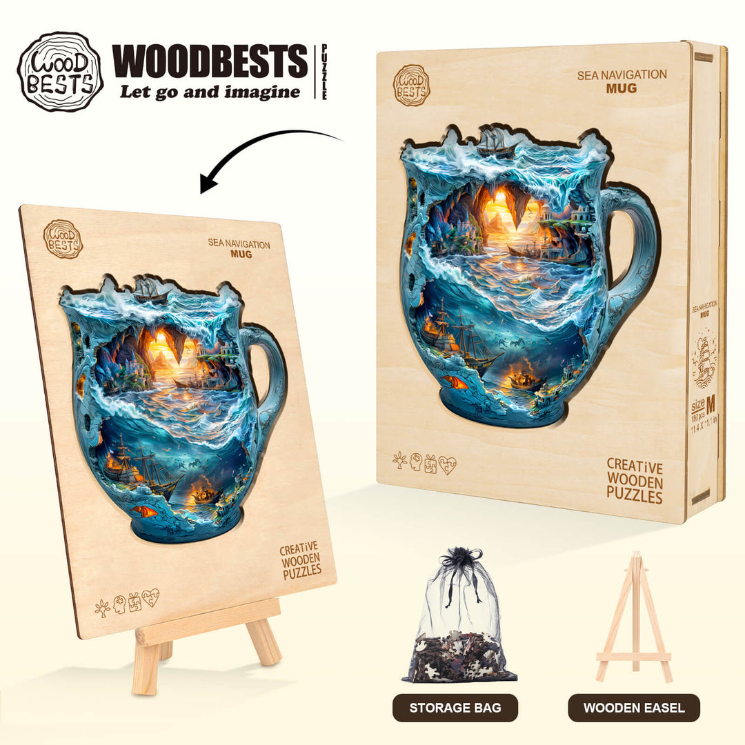 Sea navigation mug wooden jigsaw puzzle showcasing artful design for mind games and focus enhancement.