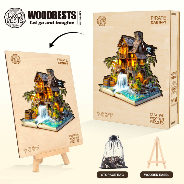 Pirate cabin-1 wooden jigsaw puzzle by Woodbest, featuring a detailed cabin with a waterfall and pirate theme.