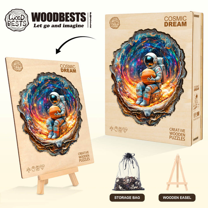 Cosmic Dream Wooden Jigsaw Puzzle featuring an astronaut in a colorful galaxy with storage bag and easel.