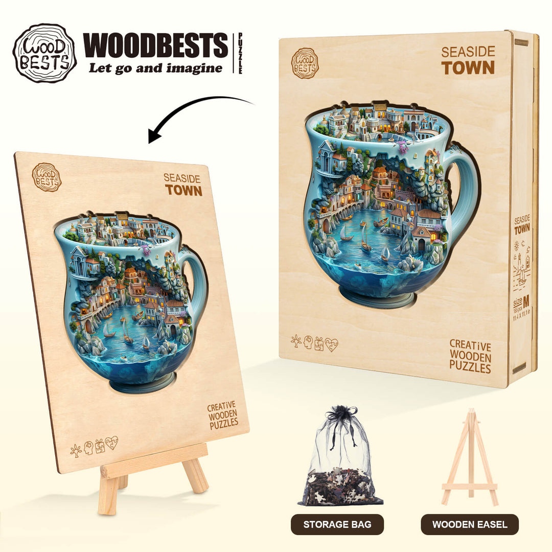 Seaside town wooden jigsaw puzzle featuring a colorful coastal scene, promoting focus and creativity while solving.