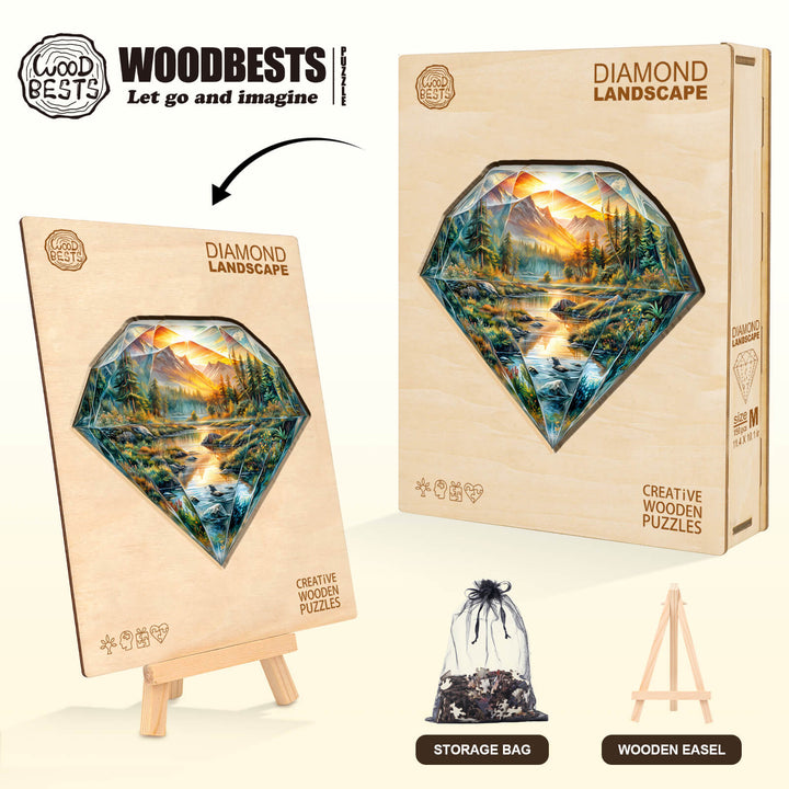 Diamond Landscape wooden jigsaw puzzle with storage bag and easel, designed for focus and entertainment.