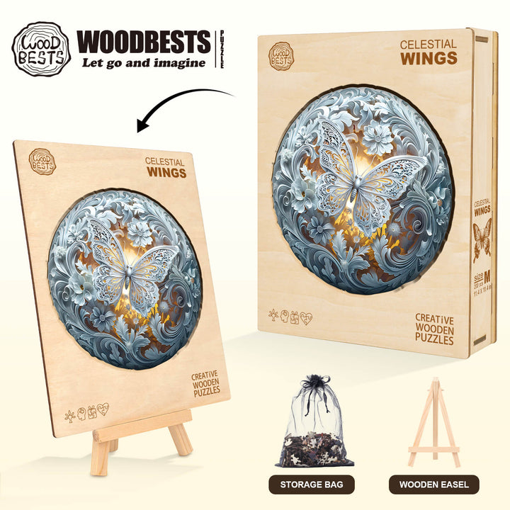 Celestial Wings wooden jigsaw puzzle featuring a butterfly design, perfect for enhancing focus and cognitive skills.