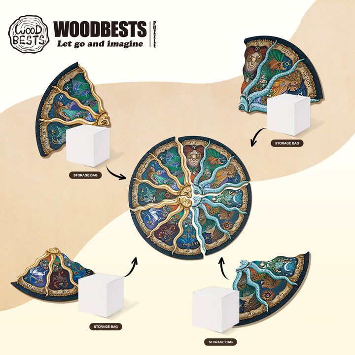 Colorful Zodiac Horoscope puzzle pieces with storage bags, perfect for mind games and enhancing focus.