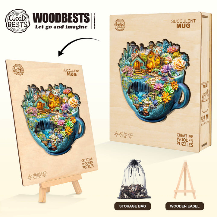 Succulent Mug wooden jigsaw puzzle by WoodBest, featuring a colorful design with a serene water scene.