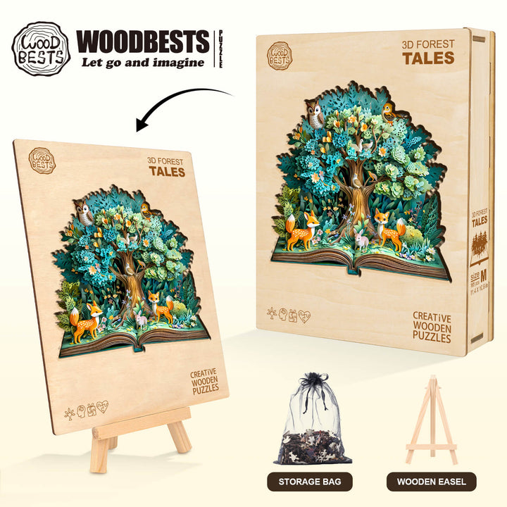 3D Forest Tales wooden jigsaw puzzle, showcasing vibrant forest scene with animals, perfect for enhancing focus and cognitive skills.