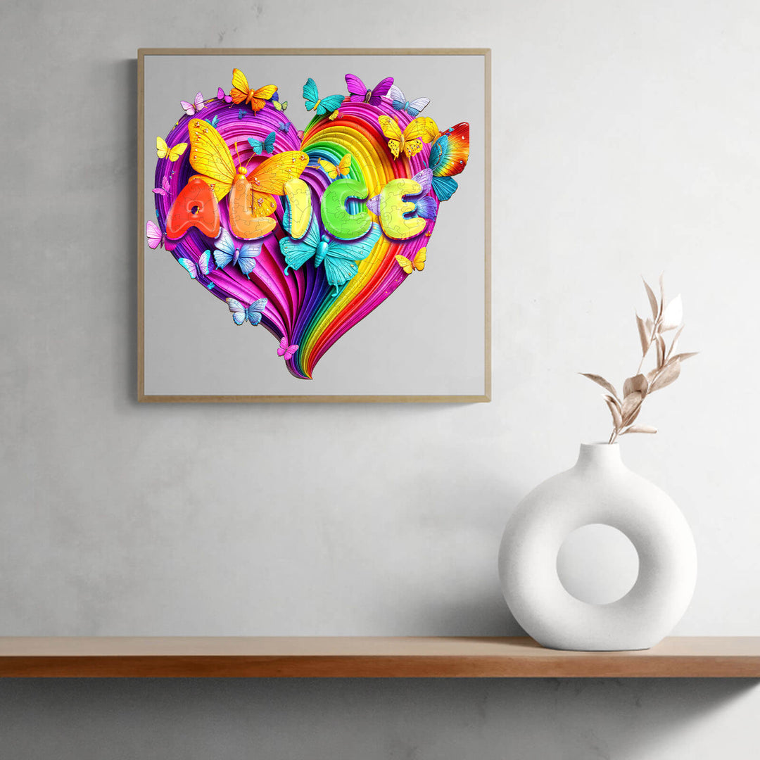 Colorful heart-shaped artwork featuring the name Alice with butterflies and vibrant rainbow colors.