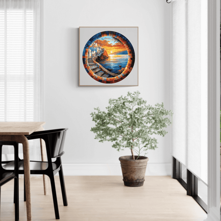 Capri Wooden Jigsaw Puzzle displayed in a modern living room with a plant and dining area, enhancing decor and focus.