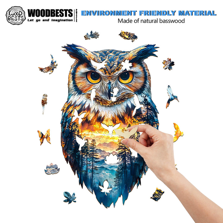 Hand assembling the Forest Owl Wooden Jigsaw Puzzle made of eco-friendly basswood, showcasing vibrant colors and design.