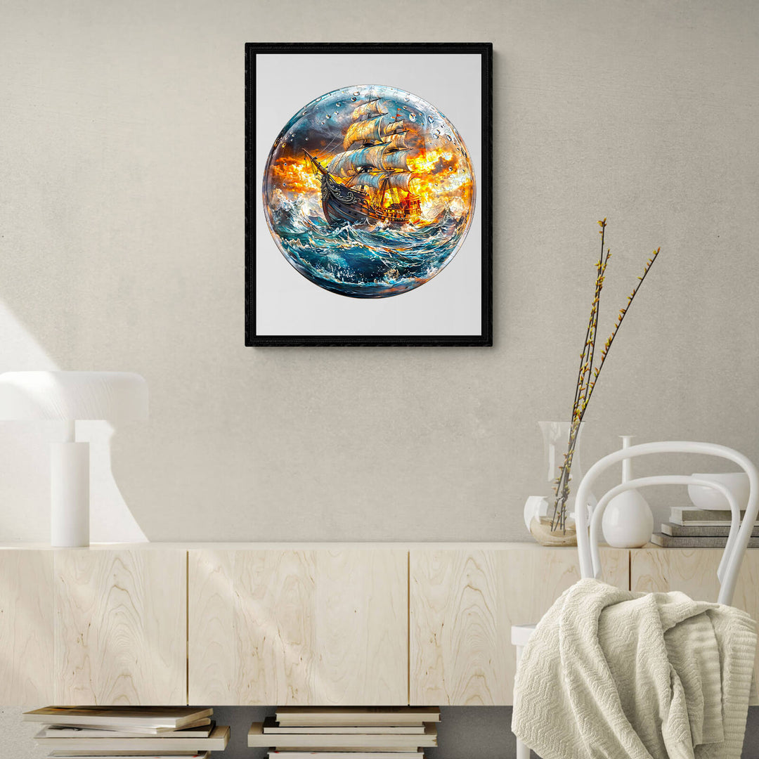 Framed Stormy Voyage jigsaw puzzle artwork featuring a dramatic ship sailing through turbulent seas.