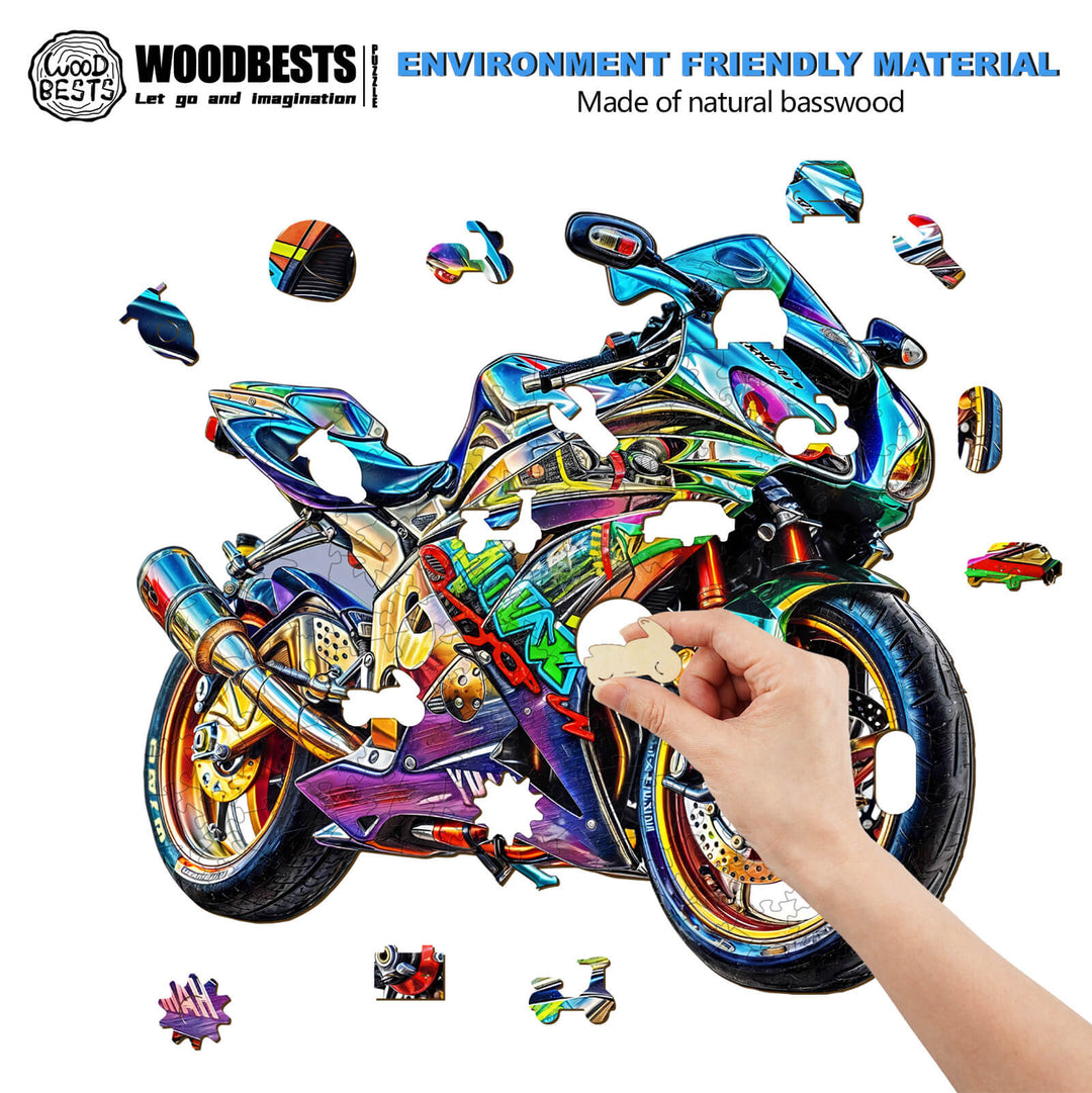 Colorful motorcycle wooden jigsaw puzzle pieces being assembled, made from eco-friendly natural basswood.