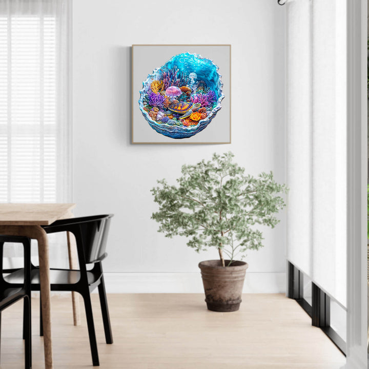 3D Ocean's Embrace puzzle artwork featuring vibrant coral and sea life, perfect for enhancing your home decor.