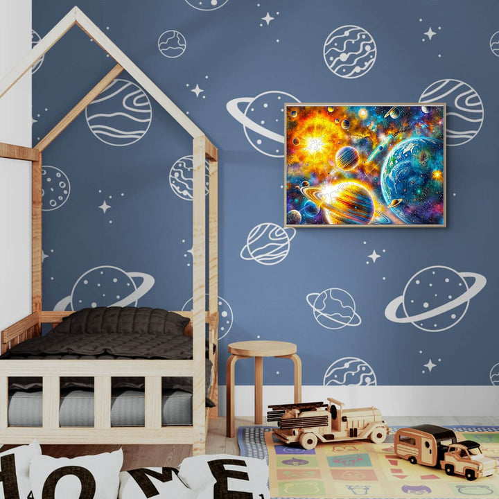 Cosmic Reverie-1 wooden jigsaw puzzle displayed in a children's room with space-themed decor.