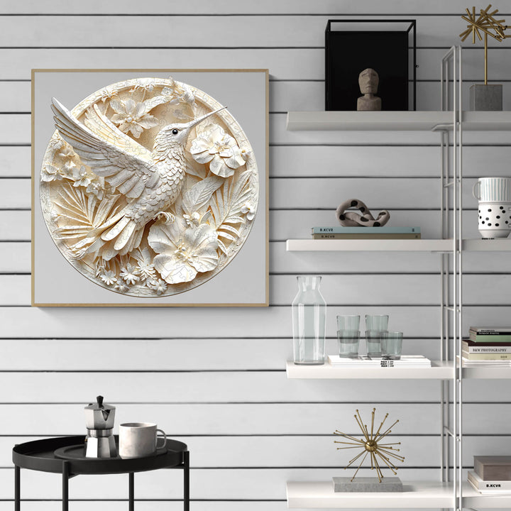 3D paper hummingbird wall art featuring floral elements in a modern decor setting.