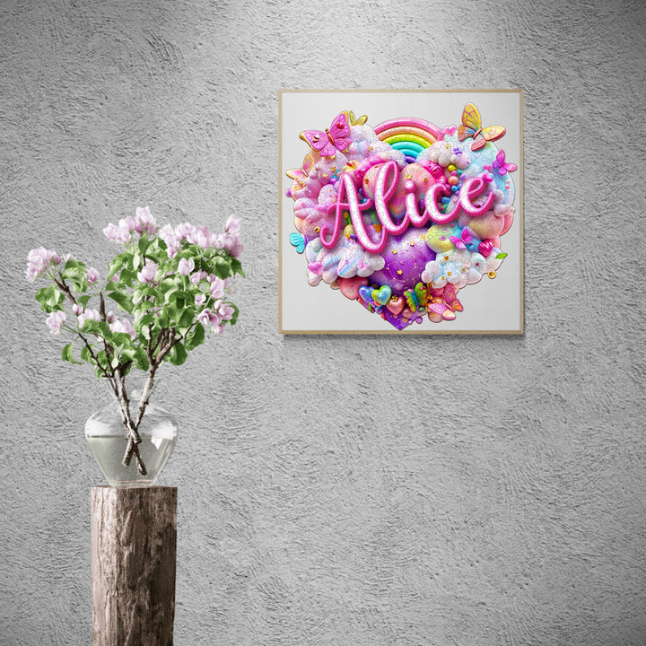 Vibrant wall art featuring the name 'Alice' in a heart with rainbow, butterflies, and clouds, complemented by a plant vase.