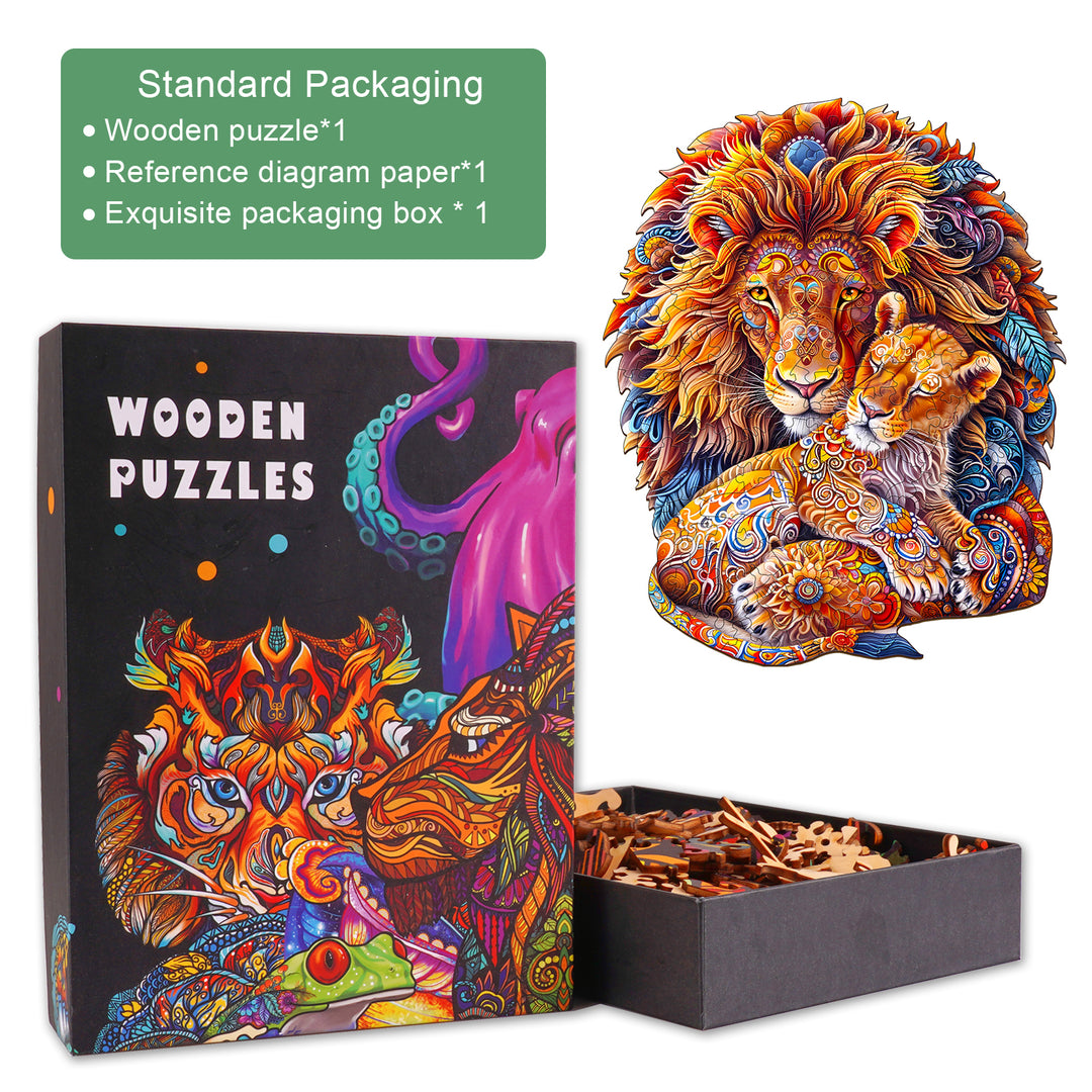 Colorful Fatherly Lion wooden jigsaw puzzle with vibrant design, featuring a box and puzzle pieces for mind-challenging fun.