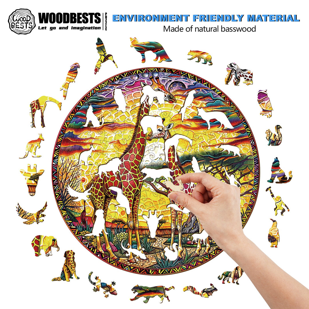 Colorful giraffe wooden jigsaw puzzle featuring wildlife, promoting focus and cognitive skills, made from natural basswood.