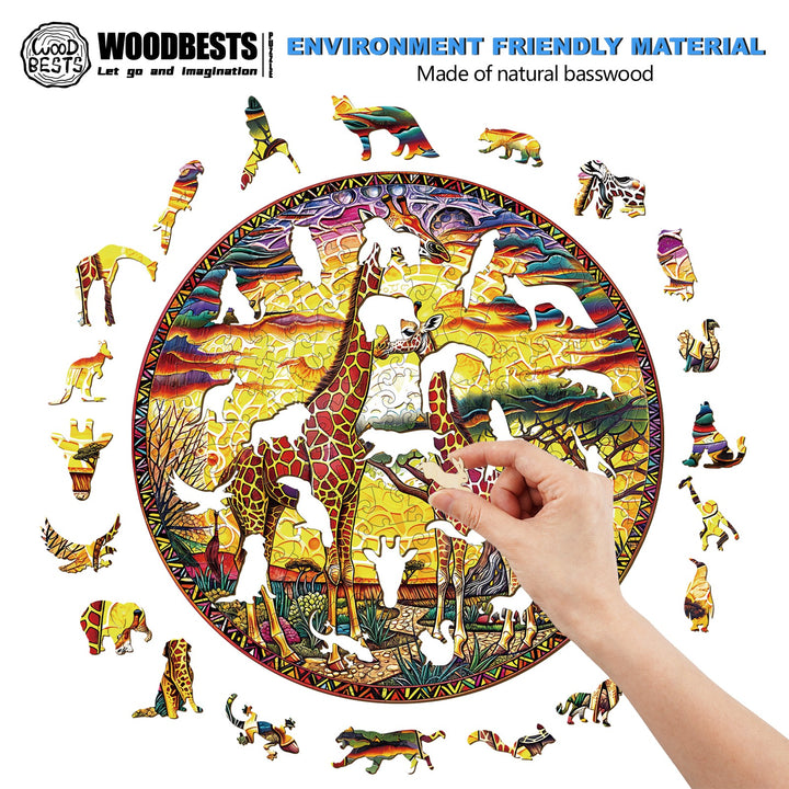 Colorful giraffe wooden jigsaw puzzle featuring wildlife, promoting focus and cognitive skills, made from natural basswood.