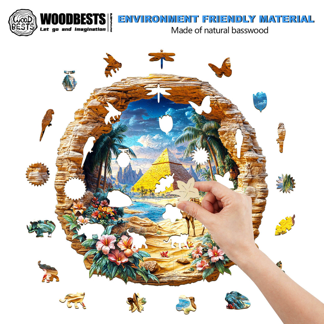 Person assembling an Oasis Mirage wooden jigsaw puzzle made of eco-friendly natural basswood.