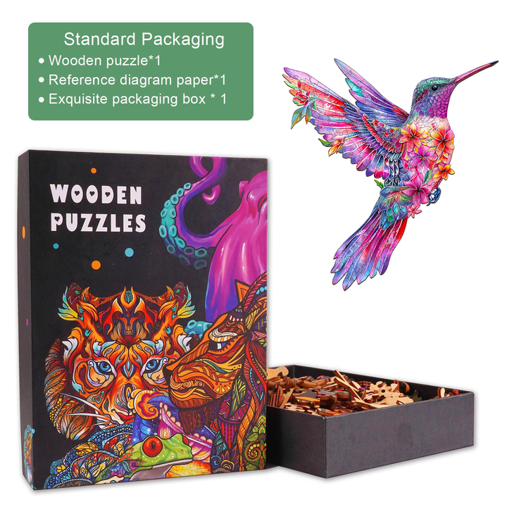Hummingbird-3 Wooden Jigsaw Puzzle box featuring vibrant design and colorful pieces for engaging mind games.