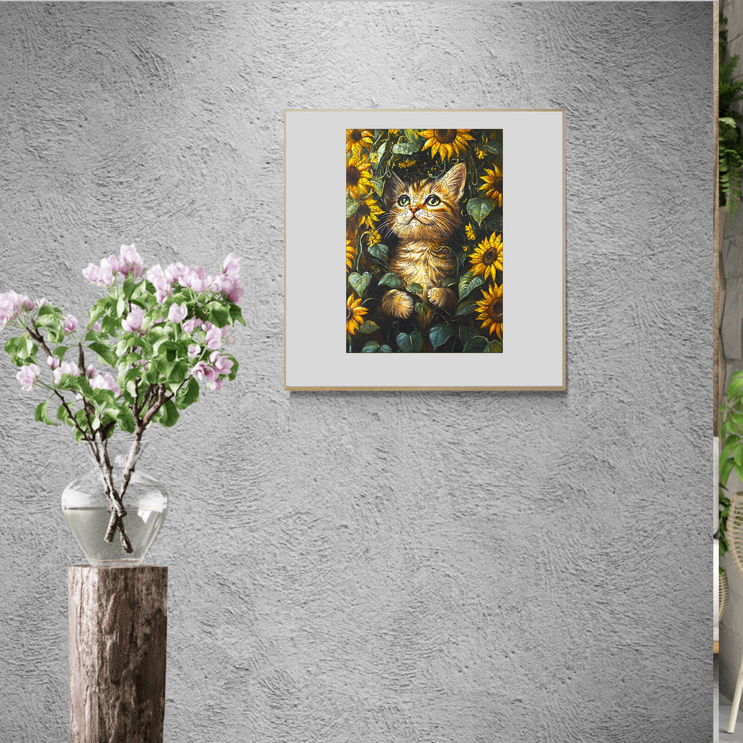 Sunflower and Cat wooden jigsaw puzzle artwork on wall, featuring a cat among vibrant sunflowers, perfect for puzzle lovers.