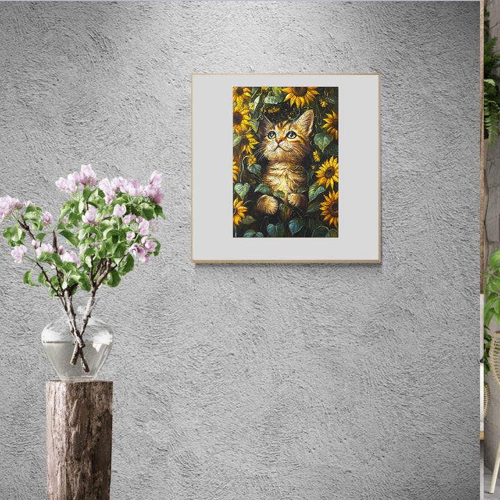Sunflower and Cat wooden jigsaw puzzle artwork on wall, featuring a cat among vibrant sunflowers, perfect for puzzle lovers.