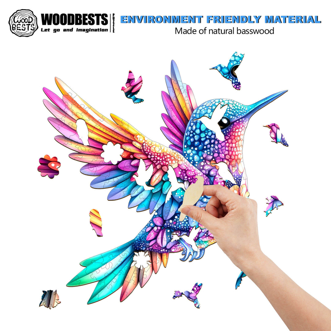 Vibrant Jewel hummingbird wooden jigsaw puzzle made from natural basswood, showcasing puzzle pieces being placed.
