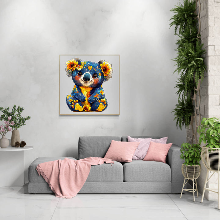 Colorful koala wall art in a modern living room, featuring floral accents and cozy decor accents.