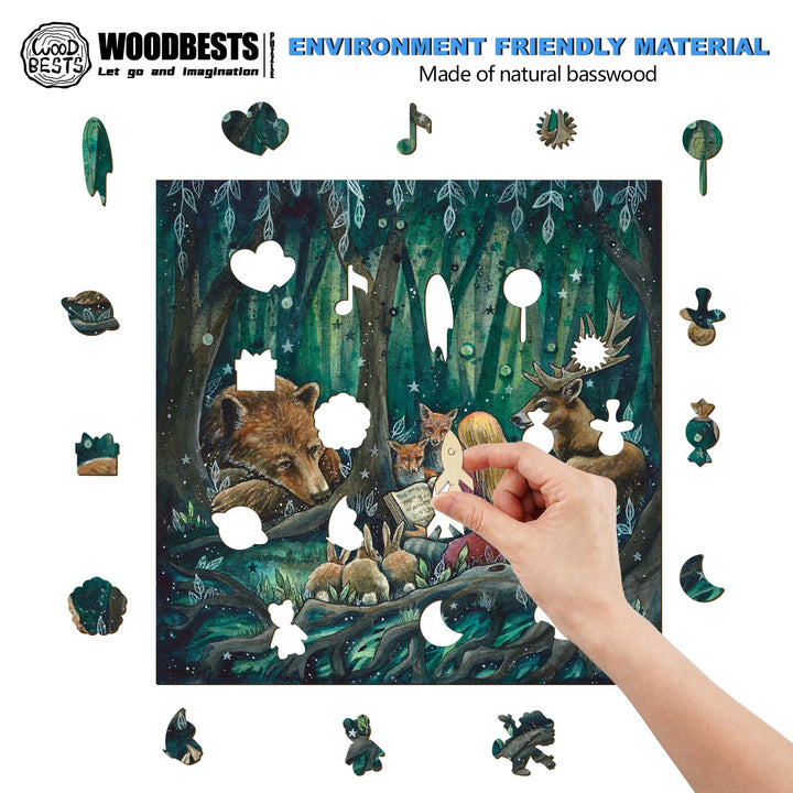 A hand placing a wooden piece into a colorful forest-themed puzzle made of natural basswood by Woodbest.