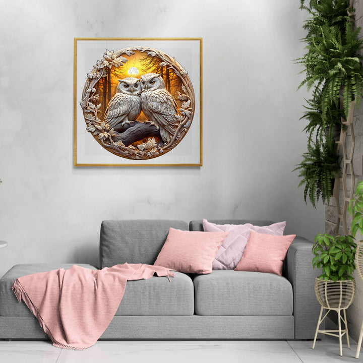 3D wooden owl puzzle art displayed in a cozy living room setting with gray couch and pink cushions.