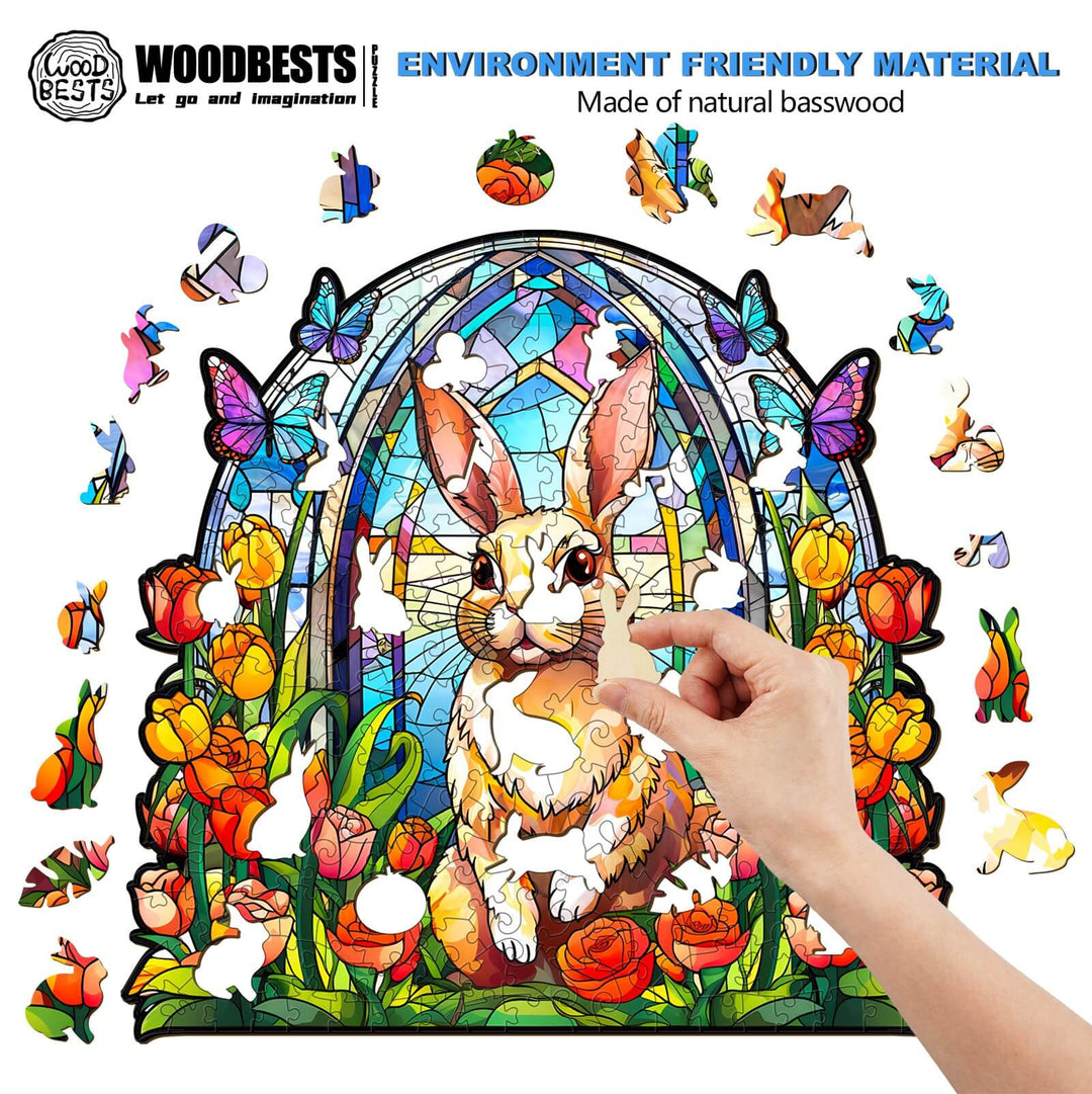 Stained Glass Rabbit Wooden Puzzle featuring vibrant colors and natural wood pieces, ideal for enhancing focus and cognitive skills.