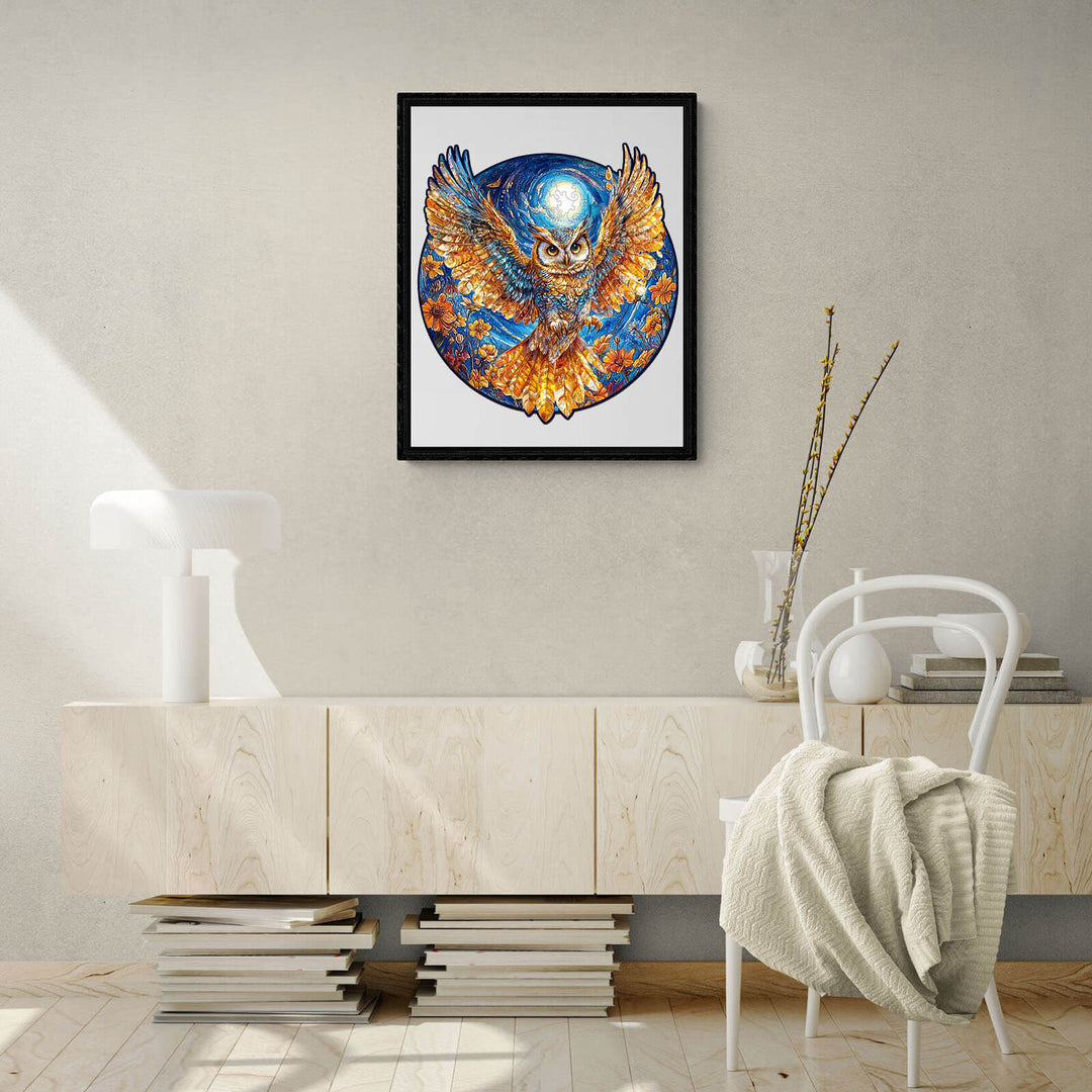 Colorful Golden Owl artwork showcased in a modern living room, enhancing home decor with a puzzle theme.