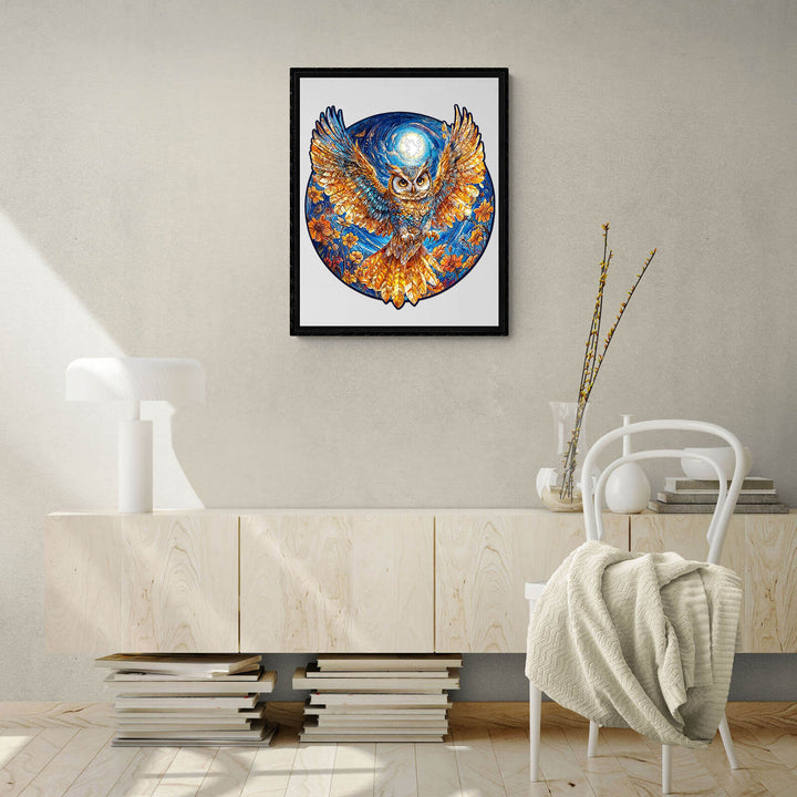 Colorful Golden Owl artwork showcased in a modern living room, enhancing home decor with a puzzle theme.