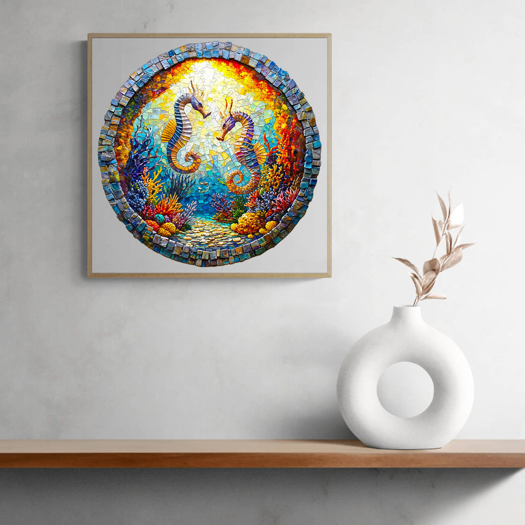 3D Seahorses in Harmony wooden jigsaw puzzle displayed on a shelf with modern decor.