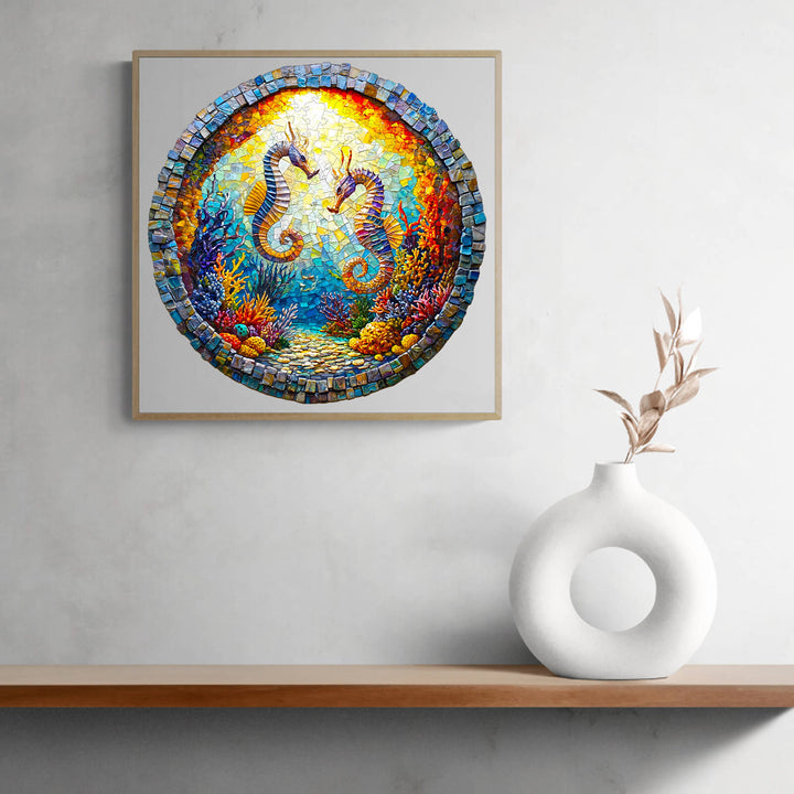 3D Seahorses in Harmony wooden jigsaw puzzle displayed on a shelf with modern decor.