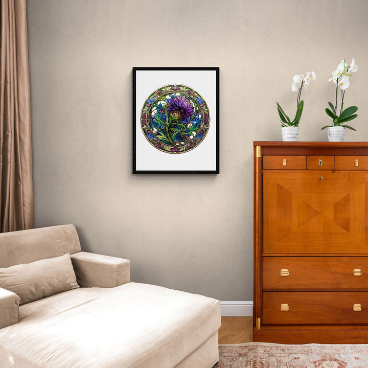 Scotch Thistle wooden jigsaw puzzle art piece in a cozy living room setting.