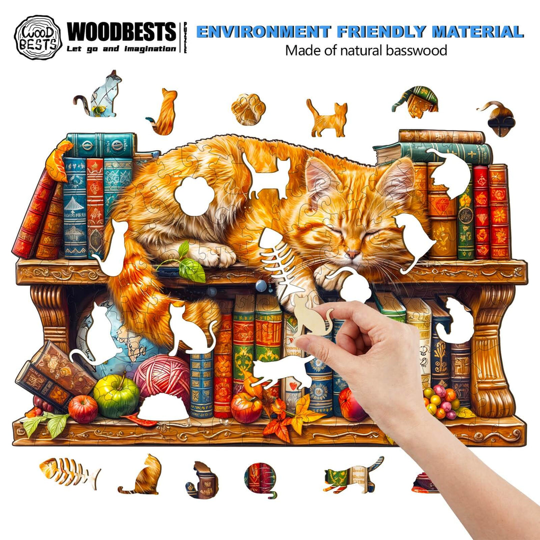 Colorful wooden jigsaw puzzle featuring a tabby cat lounging on a bookshelf with colorful books and playful elements.